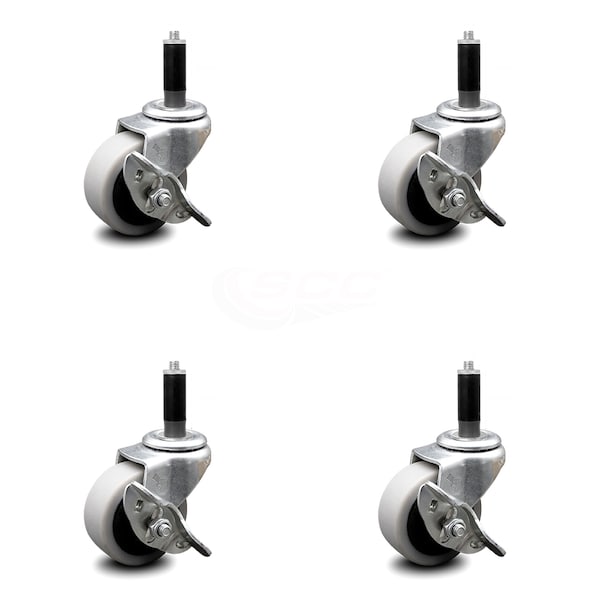2 Inch Thermoplastic Wheel 1 Inch Expanding Stem Caster with Brakes, 4PK